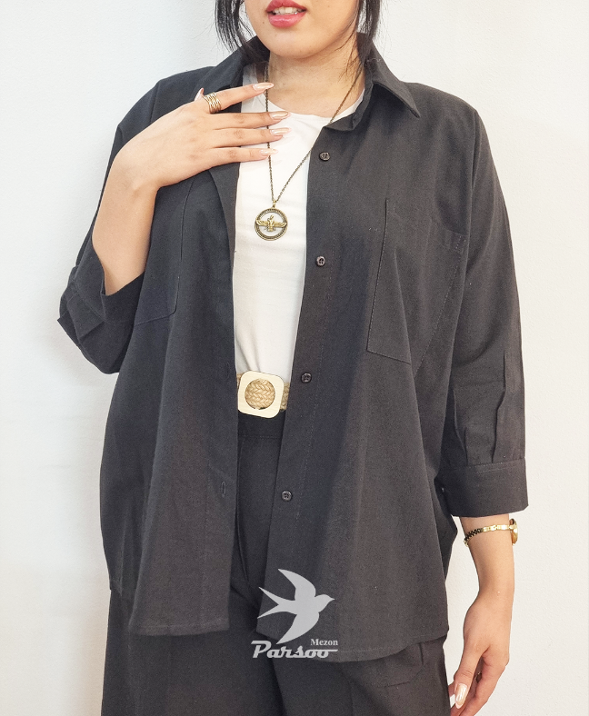 شومیز زنانه اسلپ ZARA لینن – فیت اورسایز، آستین سه‌ربع و دوجیب، سبک و خنک