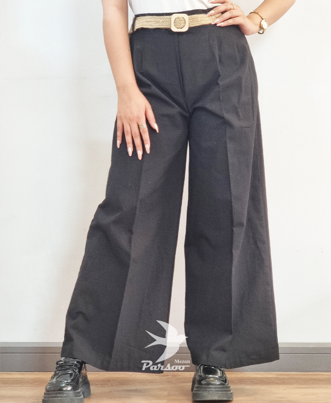 شلوار زنانه فول بگ لینن تابستانی مشکی– فری سایز ۳۸ تا ۴۴ با کمربند شیک، سبک و خنک