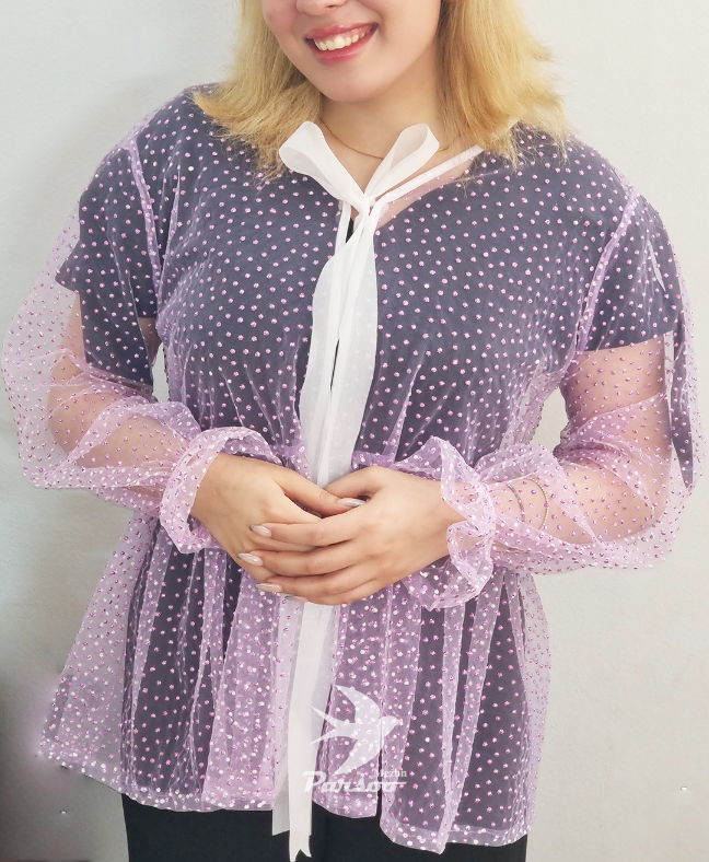 شومیز عروسکی زنانه تور آدامسی بندی گره‌ای – رویه شیک و ترند دخترانه فری سایز تا ۴۶