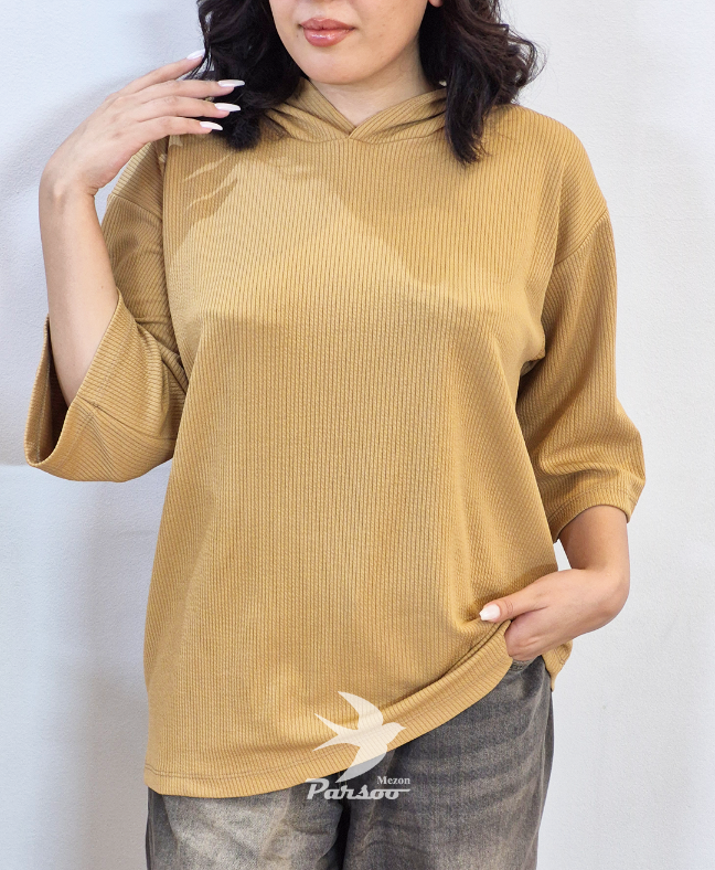 تیشرت زنانه کلاهدار کبریتی پاییزه رنگ نخودی، فریسایز، استایل شیک و راحت