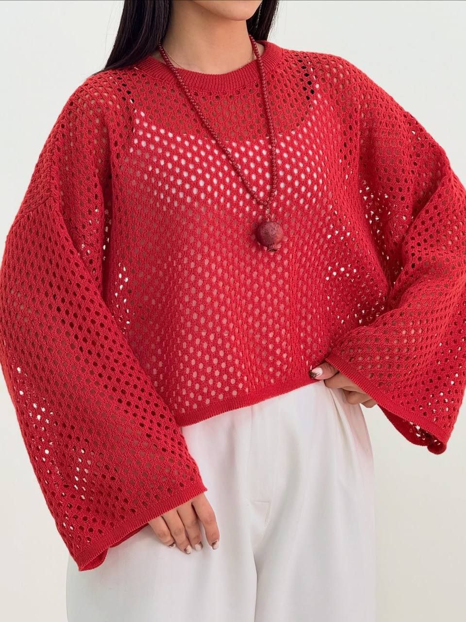 نیم تنه بافت قلاب فری‌سایز قرمز – انتخاب ویژه شب یلدا